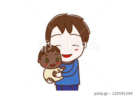 <上半身・正面>笑顔でご機嫌なアフリカ系の赤ちゃんを抱っこして嬉しい少年 <上半身・正面>笑顔でご機嫌なアフリカ系の赤ちゃんを抱っこして嬉しい少年 120591394