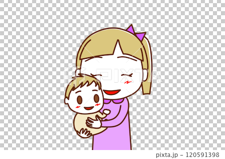 ＜上半身・正面＞笑顔でご機嫌な白人の赤ちゃんを抱っこして嬉しい白人少女 120591398