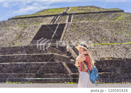 Female tourist exploring Teotihuacan, Mexico. Cultural heritage, ancient ruins, and archaeological adventure concept Female tourist exploring Teotihuacan, Mexico. Cultural heritage, ancient ruins, and archaeological adventure concept 120591428