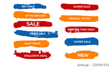 Discount and Striking sale stickers painted brush strokes. For advertising web banner social network email. Bright and attractive design. Vector illustration. 120591552