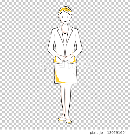 笑顔で挨拶をすビジネスウーマンのポーズのイラスト 笑顔で挨拶をすビジネスウーマンのポーズのイラスト 120591694