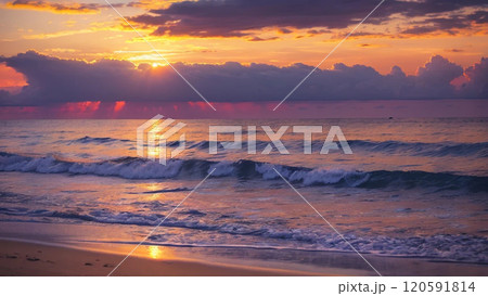 湘南の海に沈む夕日 120591814
