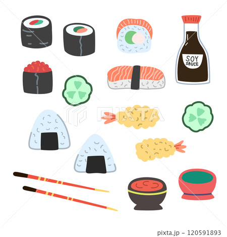 Asian food, sushi, onigiri, tempura and sauces. Hand-drawn colorful vector illustration. Asian food, sushi, onigiri, tempura and sauces. Hand-drawn colorful vector illustration. 120591893