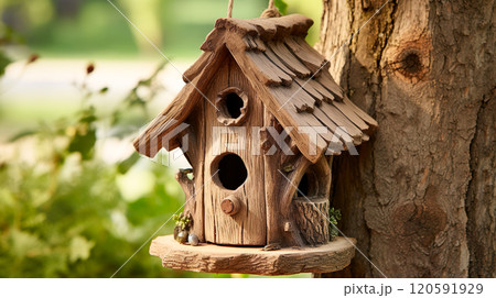 野外の木に設置したお洒落なデザインの鳥の巣箱 野外の木に設置したお洒落なデザインの鳥の巣箱 120591929
