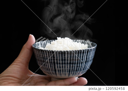 御飯を持つ女性の手元のアップ　ごはん 120592458