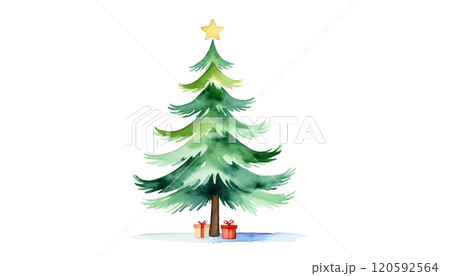 Watercolor christmas tree with star and gifts on white background Watercolor christmas tree with star and gifts on white background 120592564