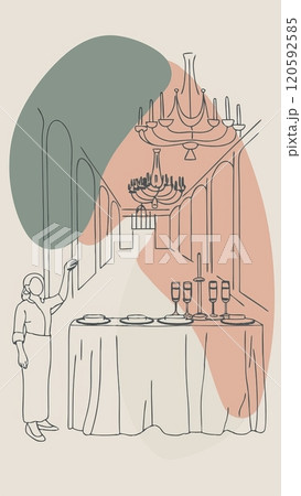 Minimalist dining room sketch with elegant chandelier and formal table setting Minimalist dining room sketch with elegant chandelier and formal table setting 120592585