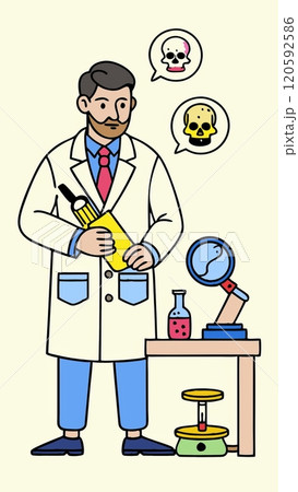 Scientist analyzing skull specimens in laboratory cartoon illustration Scientist analyzing skull specimens in laboratory cartoon illustration 120592586