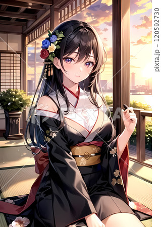 お寺の境内にいる着物を着た可愛い女の子 120592730