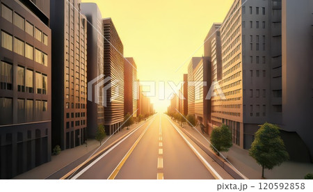 《AI画像》夕焼けに染まる都会のビル群の中の道路 120592858