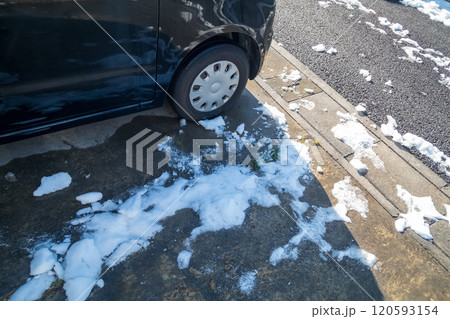 庭の駐車場に溶け残った昨日の雪 120593154