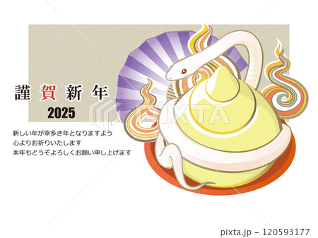 年賀 イラスト 2025年  巳年 はがき用テンプレート 美しいヘビのイラスト 120593177