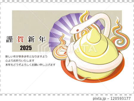年賀 イラスト 2025年  巳年 はがき用テンプレート 美しいヘビのイラスト 120593177