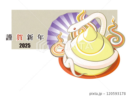 年賀 イラスト 2025年  巳年 はがき用テンプレート 美しいヘビのイラスト 120593178