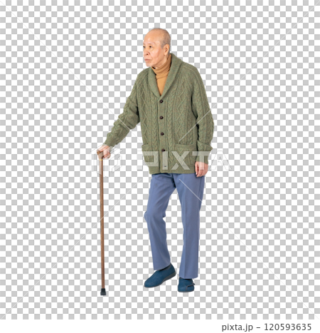 杖をついて歩くシニア男性　手作業で精密に切り抜いた背景透過全身写真PNG 120593635