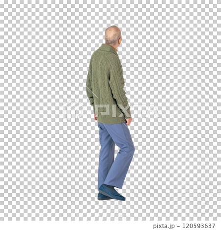 歩きながら上を見上げるシニア男性の後ろ姿　手作業で精密に切り抜いた背景透過全身写真PNG 120593637