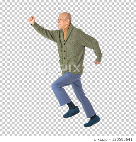 ジャンプするシニア男性　手作業で精密に切り抜いた背景透過全身写真PNG 120593641
