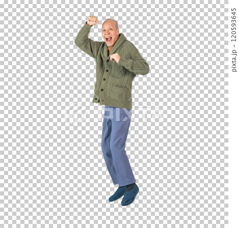 Jumping senior man - Full body photo PNG with transparent background precisely cut out by hand 120593645