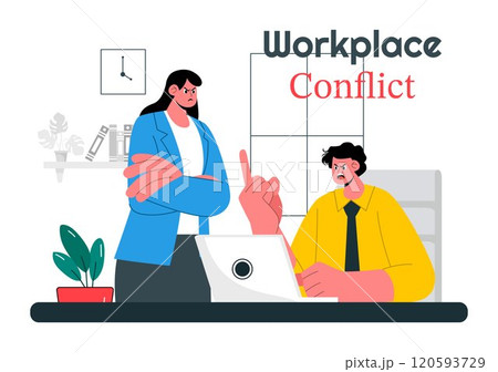 Workplace Conflict Illustration featuring Arguing Coworkers Having a Dispute in the Office While Discussing Business Issues and Teamwork Problems 120593729