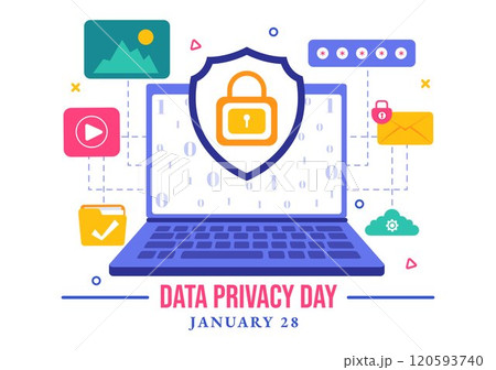 Data Privacy Day Vector Illustration featuring a Lock on a Screen, Representing Secure Information, Documents and Data Protection in a Flat Background 120593740