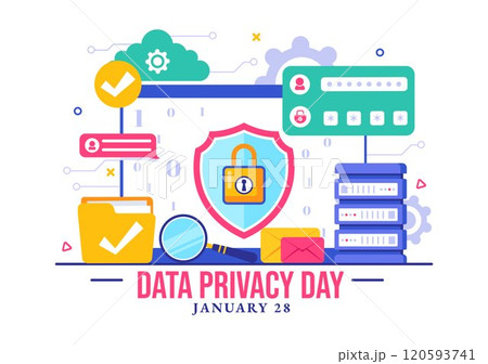 Data Privacy Day Vector Illustration featuring a Lock on a Screen, Representing Secure Information, Documents and Data Protection in a Flat Background 120593741