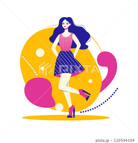 Beautiful Girl Character Wearing Fashion Outfit in Retro Style with Memphis Decoration Beautiful Girl Character Wearing Fashion Outfit in Retro Style with Memphis Decoration 120594104