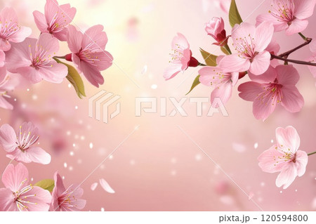 Pink cherry blossoms and petals on a soft pink background. 120594800