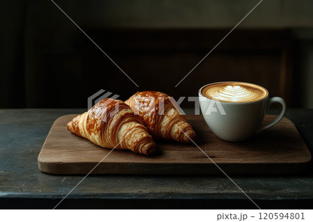 A cup of coffee with latte art beside a golden, flaky croissant on a wooden cutting board. The image captures the essence of a perfect, cozy breakfast moment. 120594801