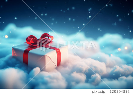 A white gift box with a red bow sits on a fluffy cloud in a sky filled with bokeh-filled scene. A white gift box with a red bow sits on a fluffy cloud in a sky filled with bokeh-filled scene. 120594852