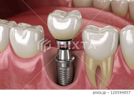 Dental implant surrounded by healthy teeth. Ideal for dental health concepts, procedures, and restorations. 120594857