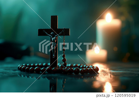 A close-up of a wooden rosary and crucifix on a wooden table, with a burning candle in the background. A close-up of a wooden rosary and crucifix on a wooden table, with a burning candle in the background. 120595019