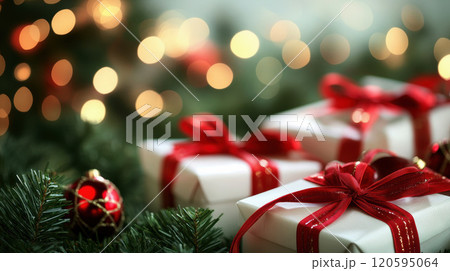 white gift boxes with red ribbon on Shiny blurred background with bokeh, baubles, decorated Christmas tree and spruce branches. Mockup pedestal on a table. 120595064