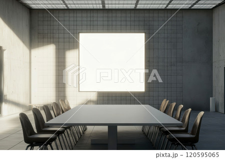 A mockup of an empty white square frame in the center of a modern conference room with a long table and chairs, concrete walls. 120595065