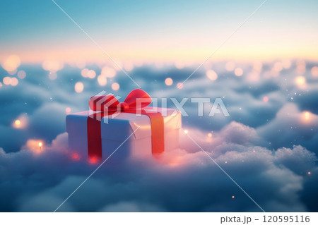 A white gift box with a red bow sits on a fluffy cloud in a sky filled with bokeh-filled scene. 120595116