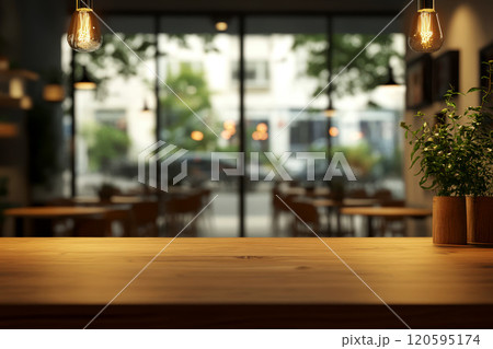 Wood table top on blurred of counter cafe shop with light bulb. ai generative 120595174