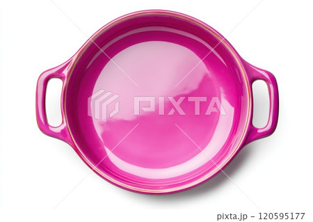 Bright pink ceramic baking dish with handles isolated on transparent background. 120595177