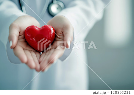 Caring hands hold a red heart symbolizing compassion in a healthcare setting. 120595231