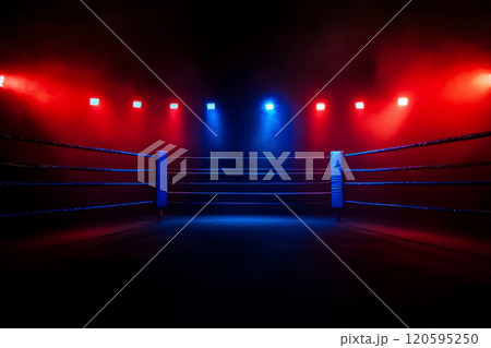 Empty boxing ring with spotlights shining down. 120595250
