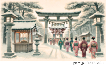 雪景色の神社と着物姿の参拝者たち|冬の日本文化と伝統を描いた美しい情景 雪景色の神社と着物姿の参拝者たち|冬の日本文化と伝統を描いた美しい情景 120595435