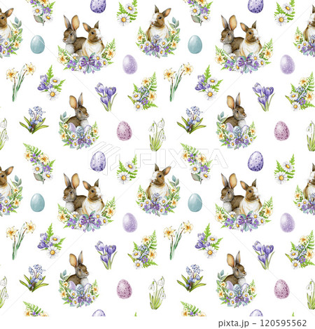 Hand drawn seamless Easter pattern in vintage style with cute little bunnies, pastel colored eggs and primrose floral bouquets. Perfect for spring decor, gift wrap, holiday designs. White background 120595562