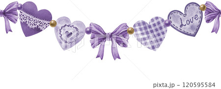 Valentines Day seamless border garland in lavender colors. Watercolor painted vintage style illustration heart garland element on white background. Perfect for romantic designs, holiday decoration Valentines Day seamless border garland in lavender colors. Watercolor painted vintage style illustration heart garland element on white background. Perfect for romantic designs, holiday decoration 120595584