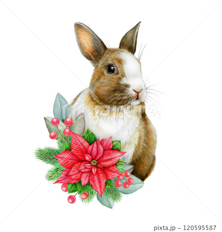 Cute bunny with Christmas decor hand-painted vintage style illustration on a white background. Winter mood festive and detailed, ideal for holiday designs, greeting cards and seasonal packaging 120595587