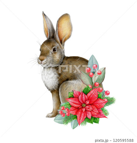 Winter mood cute sitting bunny with Christmas decor vintage style illustration on a white background. Festive, detailed, ideal for holiday designs, greeting cards and seasonal packaging 120595588