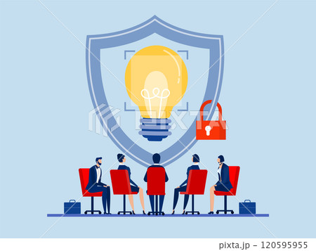 Protect Intellectual property, patent protection, copyright reserved or product trademark that cannot copy concept, team business agree copyright with light bulb idea locked with padlock for patents. 120595955
