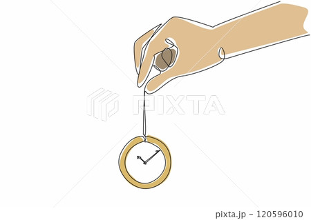 Single one line drawing of hand holding old vintage pocket watch with long chain. Antique clock. World hypnotism day. International event. Celebrate every year. Continuous line vector illustration 120596010