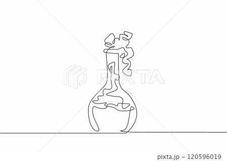 One single line drawing of erlenmeyer flask with concoct medicine formula liquid. National Pharmacist Day. Laboratory experiment to create new vaccine to cure pandemic disease. New vaccine invention 120596019