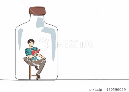 World Introvert Day. Single continuous line draw of handsome man sitting on chair and reading the story book inside of glass bottle. Human mental health. Communication difficulty. Vector illustration World Introvert Day. Single continuous line draw of handsome man sitting on chair and reading the story book inside of glass bottle. Human mental health. Communication difficulty. Vector illustration 120596029