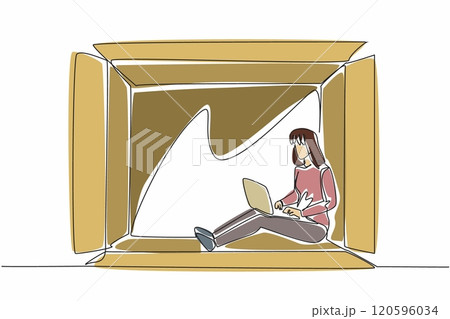 World Introvert Day. One continuous line drawing of young beautiful woman working, typing on laptop and sitting inside paper box. Lonely mental health problem. Single line vector art illustration 120596034