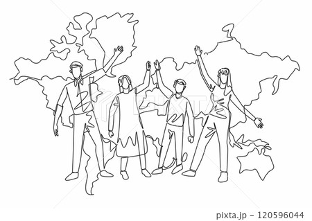 One continuous line drawing of cheerful family, mom, dad, son, daughter standing happily and rising their hands. Big world map on the wall behind. Global Family Day. International annual event One continuous line drawing of cheerful family, mom, dad, son, daughter standing happily and rising their hands. Big world map on the wall behind. Global Family Day. International annual event 120596044