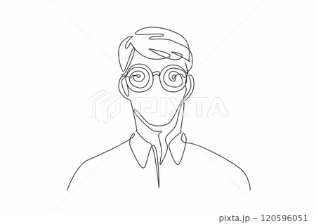 World Hypnotism Day. One single line drawing of young handsome man wearing hypnotizing glasses. Technique through which one can affected an access subconscious mind to change behavior. World Hypnotism Day. One single line drawing of young handsome man wearing hypnotizing glasses. Technique through which one can affected an access subconscious mind to change behavior. 120596051